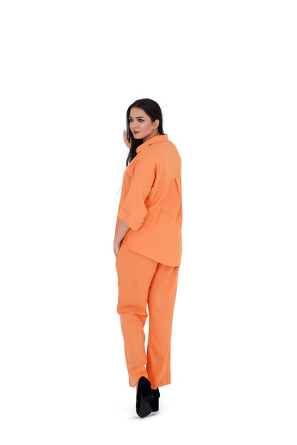 Soft bright orange fabric co-ord set – lightweight comfortable material for summer casual wear Pakistan