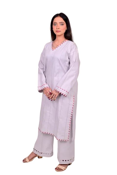 Pure cotton light grey straight cut kurta for women with pink loop detailing by Shadow Shenaz