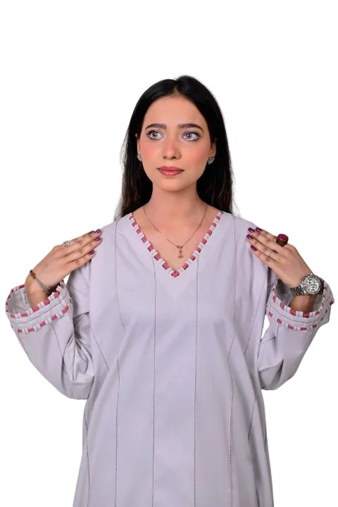 Elegant women light grey cotton kurta with loop trim neckline and sleeve cuffs Shadow Shenaz