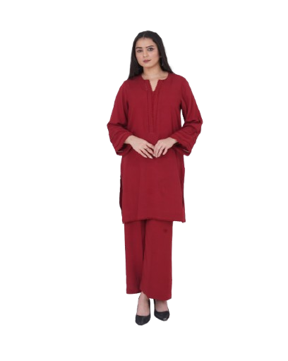 Elegant maroon 2 piece suit for women casual wear Pakistan – model in rich red kurta with V-neck and matching pants Shadow Shenaz