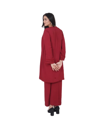 Rich maroon 2-piece kurta pants set women relaxed fit – comfortable ethnic casual Pakistani outfit full view