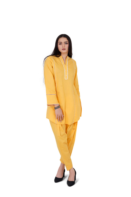 Bright yellow cotton kurta set women Pakistan – straight-cut kurti with embroidered border and straight shalwar full front view Shadow Shenaz