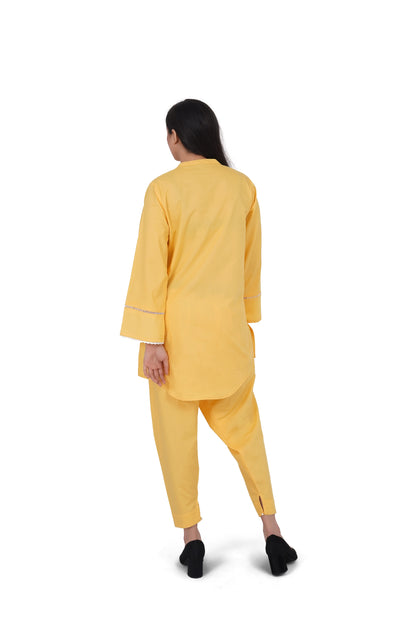 Matching bright yellow straight pants from cotton kurta set – comfortable women's casual bottom detail Shadow Shenaz