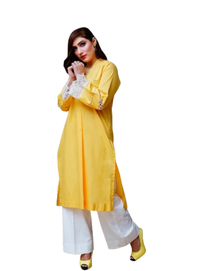 Shadow Shenaz vibrant yellow pure cotton kurta with lace sleeves and white wide leg pants – full length model pose