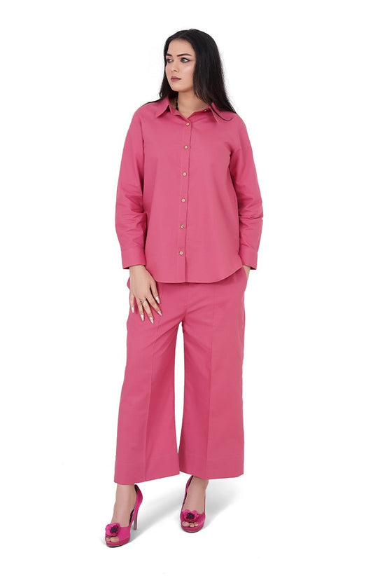 Vibrant pink co-ord set for women casual Pakistan – button-down shirt and wide-leg pants full view Shadow Shenaz